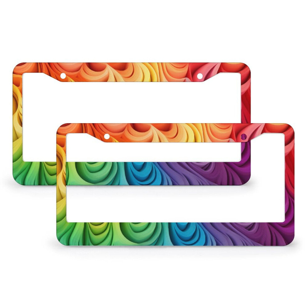 2 Pcs Set Rainbow Puristic License Plate Frame Watercolor Rainbow Striped Art Auto Car Accessories Tag Aluminum 2 Round Holes For Women 9401284799856