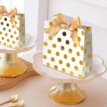 Paper Packaging Boxes 10Pcs Gold Polka Dot Bow Gift Bags 5.5x5.5x2.3" Paper Tote Boxes for Party Favors Snacks Decorations