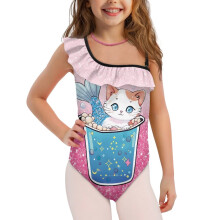 Girls Bathing Suits One Piece Mermaid Cat Single Spaghetti Strap Swimwear Size 5-6 Ruffle Beach Pool Party Swimsuit