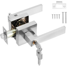 Door Lever Handle Lock,Interior Door Handle with Lock and Key Square Entry Door Handle for Bedroom Office Left or Right Handing (Silver)