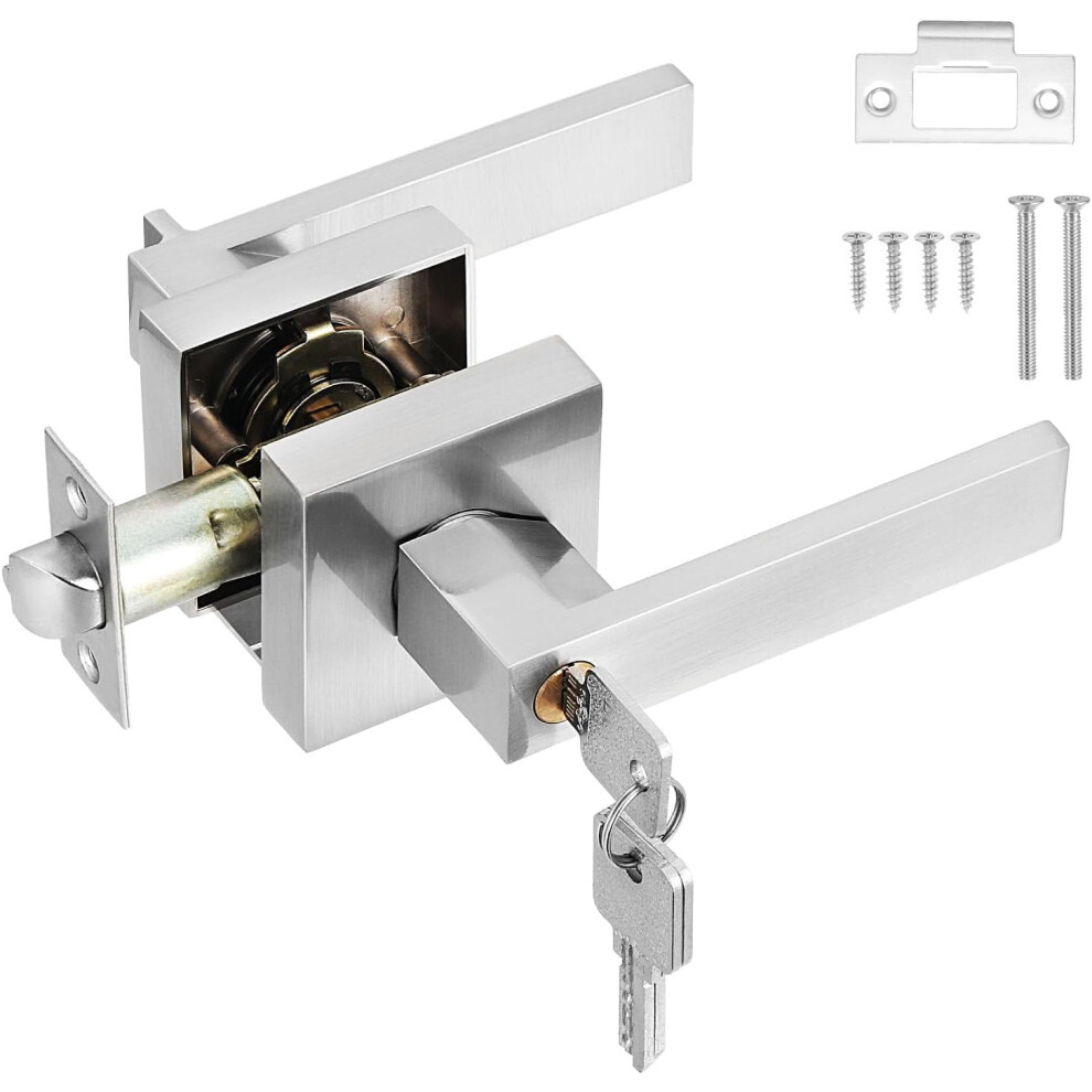 Door Lever Handle Lock,Interior Door Handle With Lock And Key Square Entry Door Handle For Bedroom Office Left Or Right Handing (Silver) 9341593695596