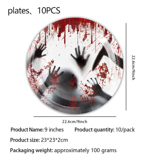 Χάρτινα πιάτα για το Halloween, σχέδιο χεριού με αίμα τρόμου, είδη πάρτι μιας χρήσης, 10