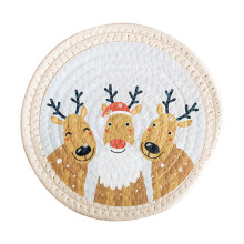 Christmas Round Insulated Placemat Cotton Rope Braided Plate Mat Elk Snowman Pattern Decoration Non Slip for Dining Table Holiday Party Decoration