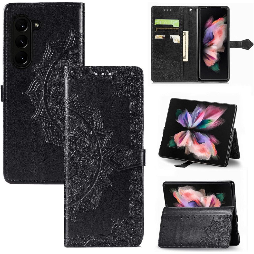 Leather Wallet Flip Case For Samsung Galaxy Z Fold 5 Â Magnetic Closure, Shockproof, Card Slots & Stand, Mandala Black 9426043873035