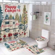 Happy Campers 4-Piece Shower Curtain Set with Rugs – Waterproof, Compatible with Travel Trailers & Camping
