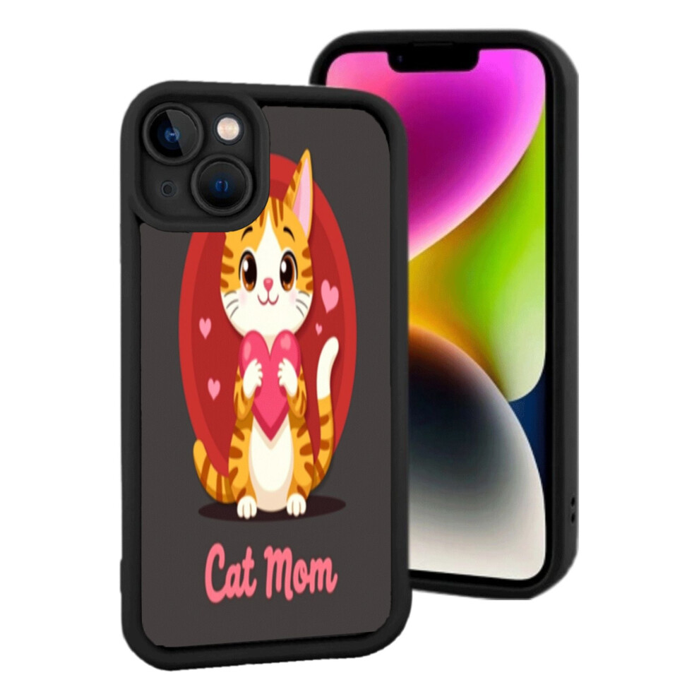 Lightweight Iphone 15 Case Â Cute Cartoon Cat With Heart Design, Dark Red Background & Pink Hearts Pink,Red 9401284800361
