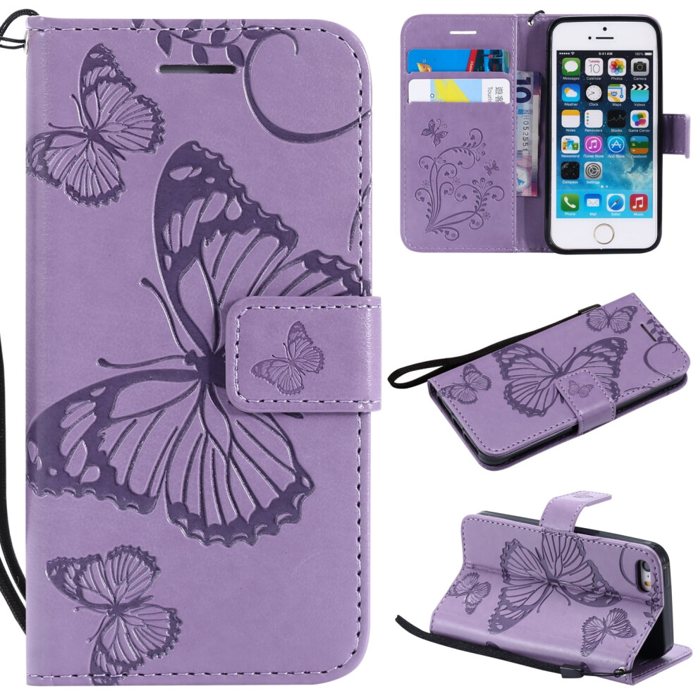 Pu Leather Wallet Flip Case Compatible With Iphone 5/5S/Se(2016), Retro Embossed Butterfly Flower Design Purple 9097180882183