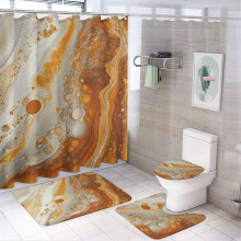 4-Pc Shower Curtain Set w/ U-Shaped Mat, Toilet Lid Cover & Oval Rug – Orange & Grey Abstract Art, Waterproof & Durable