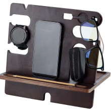 Wood Docking Station, Coconut Brown – Rustic Nightstand Organizer & Charging Dock for Watch, Wallet, Keys; Compatible with iPhone, AirPods