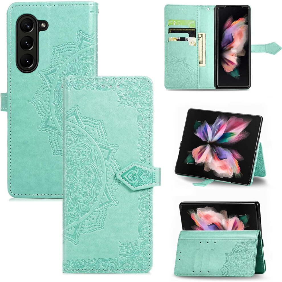 Leather Wallet Case For Compatible With Samsung Galaxy Z Fold 5 Â Magnetic Flip, Shockproof, Card Slots & Kickstand, Mandala Green 9426043873998