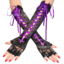 Nrmvnmi Halloween Fingerless Gloves, Elbow-Length Lace-Up Steampunk Arm Warmers, Unisex Stretch Half-Finger Gloves Compatible with Costume &