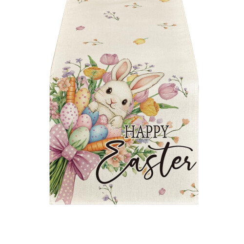 Easter Table Runner – Spring Rabbit Design, Linen Dining Table Cover for Holiday Decor, Brunch & Dinner (B) 1