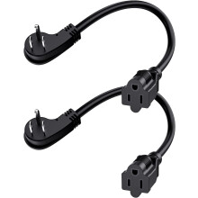 1Ft Flat Plug Short Extension Cord, 90 Degree Plug Adapter, Low Profile 3 Prong Small Grounded Cords 14 AWG 15A 1875W 2 Pack Black