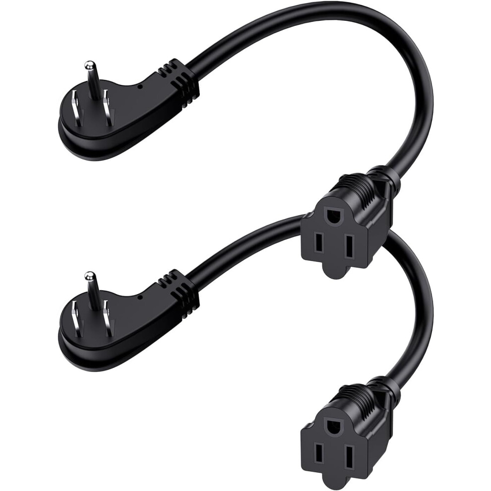 1Ft Flat Plug Short Extension Cord, 90 Degree Plug Adapter, Low Profile 3 Prong Small Grounded Cords 14 Awg 15A 1875W 2 Pack Black 9426043874643