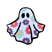 Cute Ghost-Shaped Halloween Bath Mat, Boho Floral & Abstract Spooky Rug, Non-Washable, White, 35.4" – Compatible with Bathroom Decor