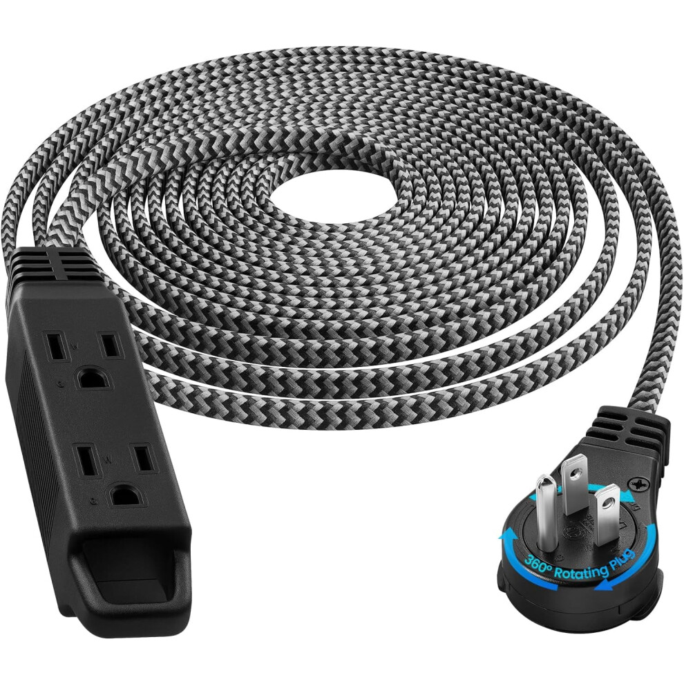 20Ft 360 Rotating Flat Plug Extension Cord With 3 Outlets, Braided Black, Indoor Use, Etl Listed, Compatible With Us Outlets 9426043874773