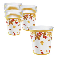 Thanksgiving Party Cups, Elegant Autumn Leaf Design, 16pcs Disposable Paper Cups for Hot/Cold Drinks, Compatible with Fall Celebrations