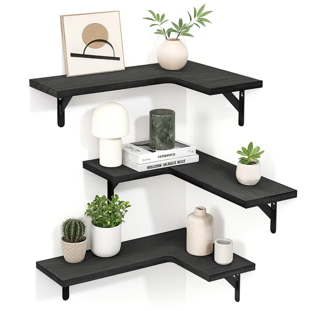 3Pcs L-Shaped Corner Floating Shelves, Rustic Paulownia Wood, Space-Saving Wall-Mounted Display For Living Room, Bedroom, Kitchen Black
