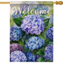 Bandiera da giardino bifacciale con motivo floreale primaverile, ortensie, 28x40, decorazione per esterni in stile rustico con tela di iuta.