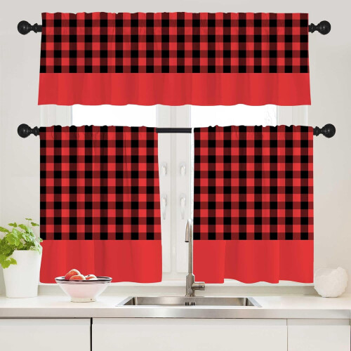 Buffalo Check Curtain Set Black Red Plaid 3 pcs 1