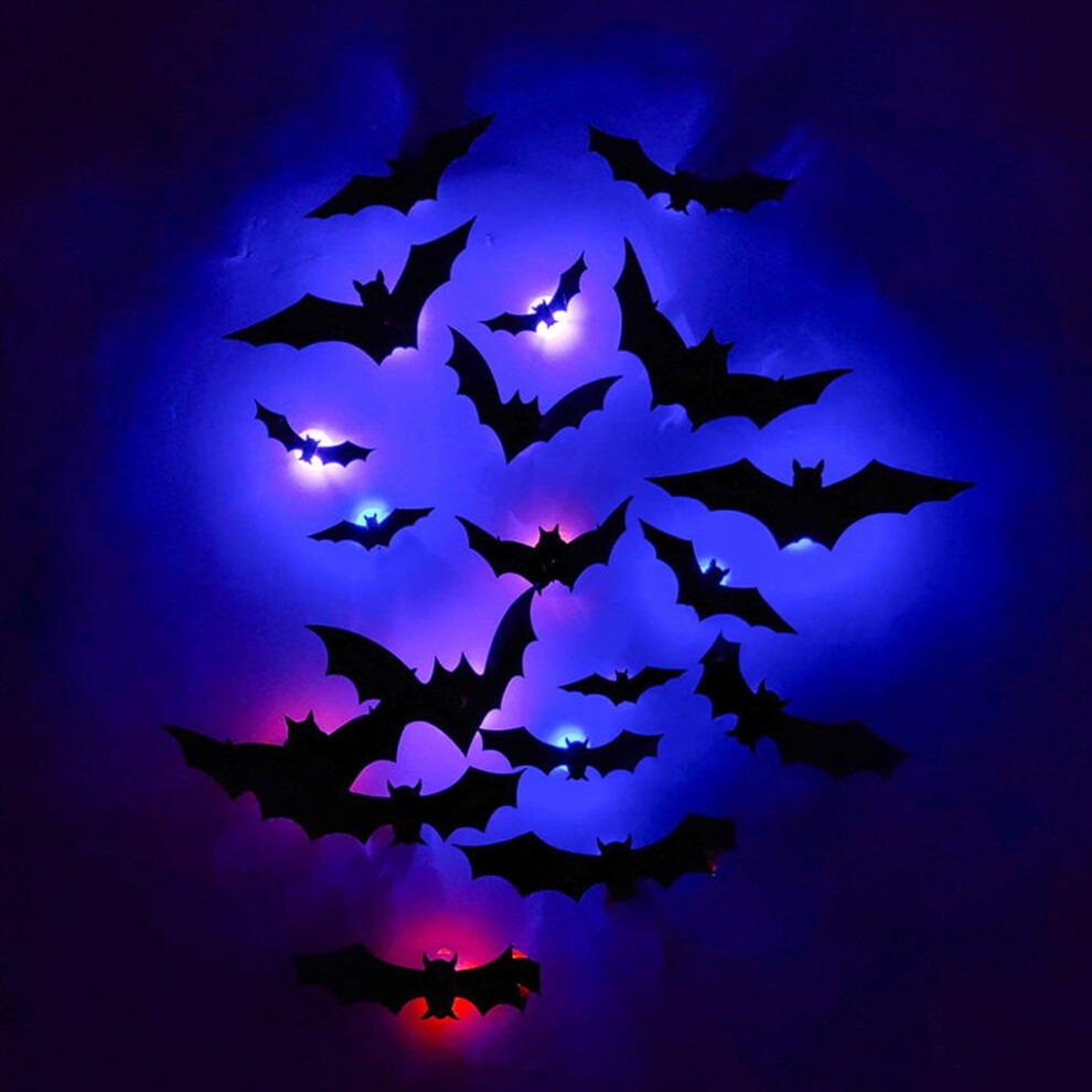 Halloween Bat Light Sticker Wall Decoration – 3D Waterproof PVC Bat Stickers, 12 pcs (3 sizes), for Party & Holiday Decor