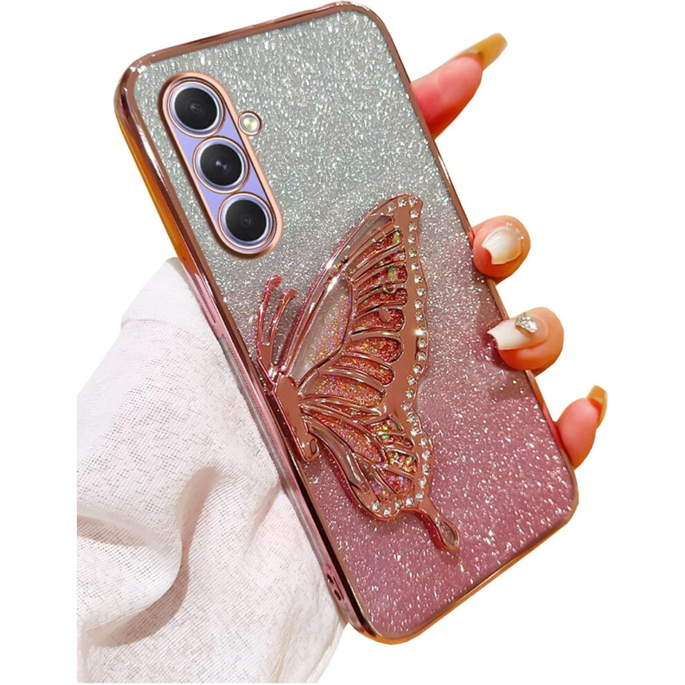 Cute 3D Butterfly Bling Liquid Flow Case For Galaxy A14 5G Â Shockproof, Camera Lens Protector Pink 9426043948351