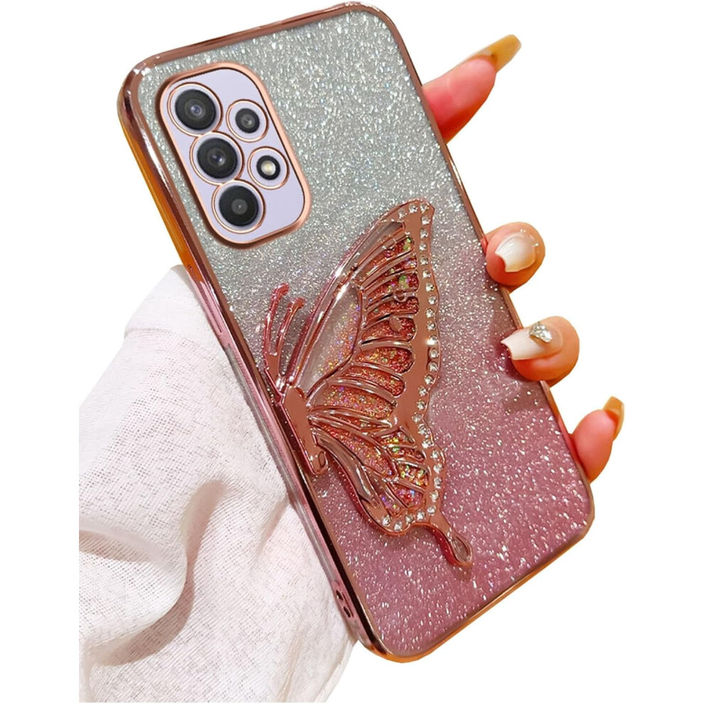 Cute 3D Butterfly Bling Liquid Flow Case For Galaxy A32 5G Â Shockproof & Camera Lens Protected Pink 9426043912420