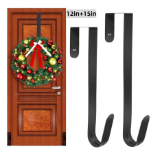 12"+15" Premium Multi-Purpose Over Door Hanger: Slim Metal Hook for Bathroom Towels, Bedroom Coats & Holiday Wreaths, Black (Indoor/Outdoor)