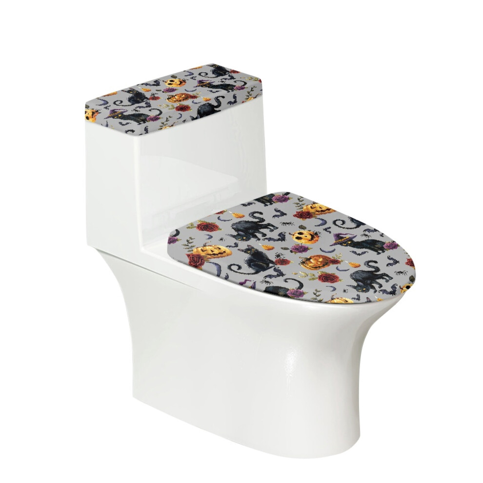 Black Cat Pumpkin Pattern Toilet Lid Covers Set, Stretchy Fabric Dust-Proof Elastic Fabric Toilet Top Cover 9159796046646