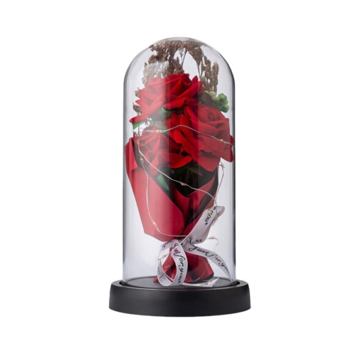 Konserverad rosbukett i glaskupol med LED-ljus 1