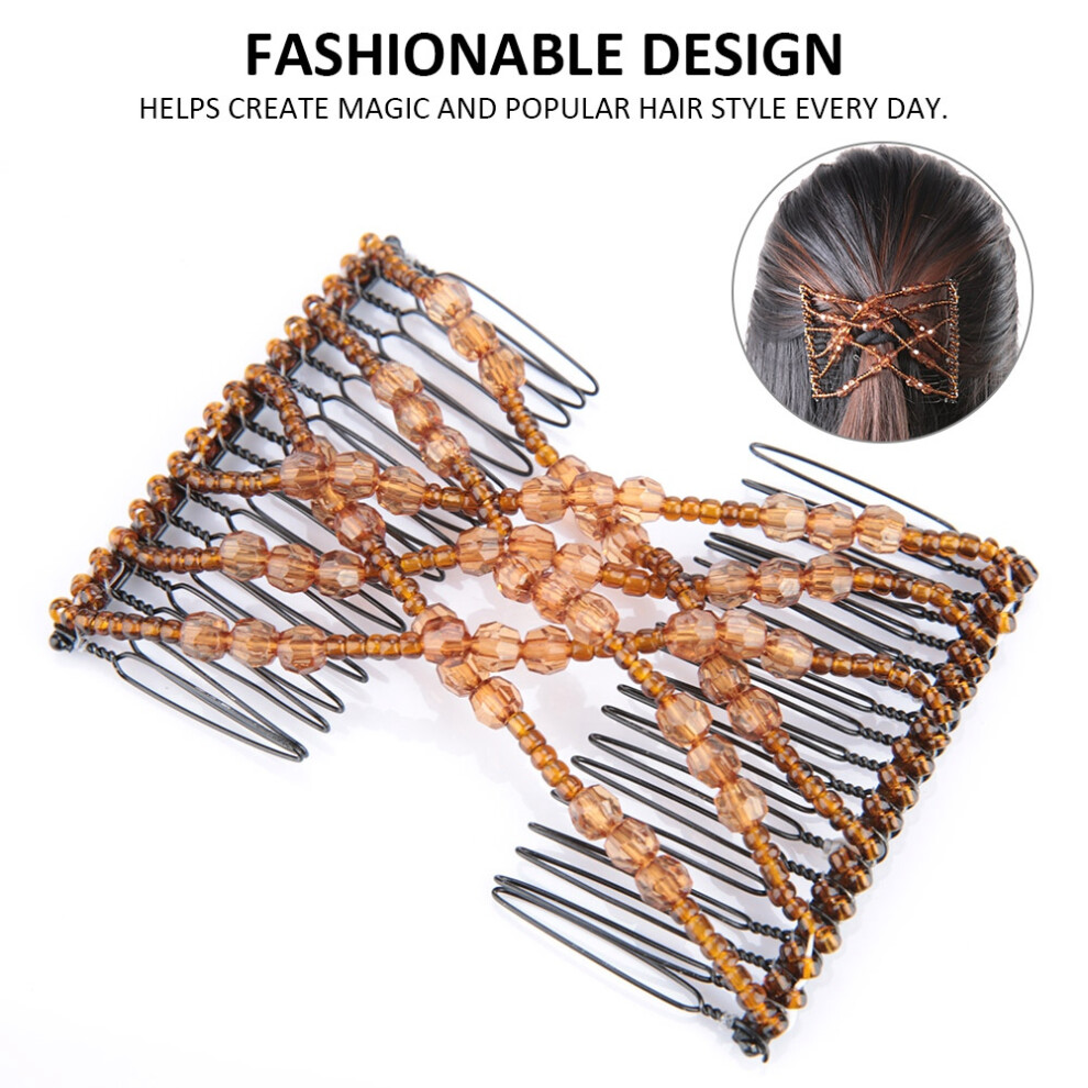 Stretchy Double Comb Hair Disk with Beads for Easy Hair Styling Coffee