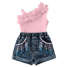 Pink 2-Piece Set: One-Shoulder Ruffle Top + High-Waist Denim Shorts, Elastic Waist, Rolled Hem, Sizes 2–3T