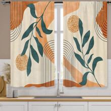 Mid-Century Boho Kitchen Curtains 27.5"x36", 2 Panels, Rod Pocket, Geometric Arch & Leaves Design, Short Cafe Tier for Home Decor