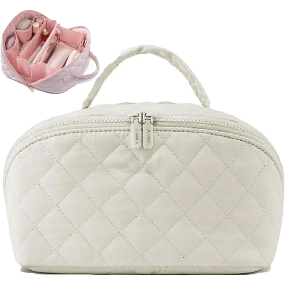 Travel Makeup Bag for Women â 180 Lay-Flat, Large Capacity, Triple-Proof Interior, Portable Puffer Toiletry Bag Compatible with Brushes