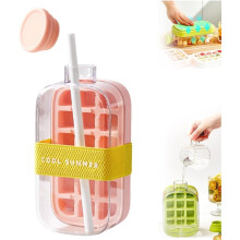 2-in-1 Ice Cube Bottle & Tray, Touch-Free Silicone Ice Maker with Lid/Bin, 18/12 Grids, Portable Flat Body (Pink, 800ml)