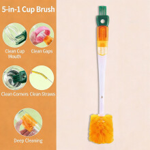 Cup Brush Cleaning Artifact- 5-in-1 Multifunctional Long-Handled Brush, for Insulated Cup Lid, Milk Bottle & Cup Straw Cleaning(Orange)