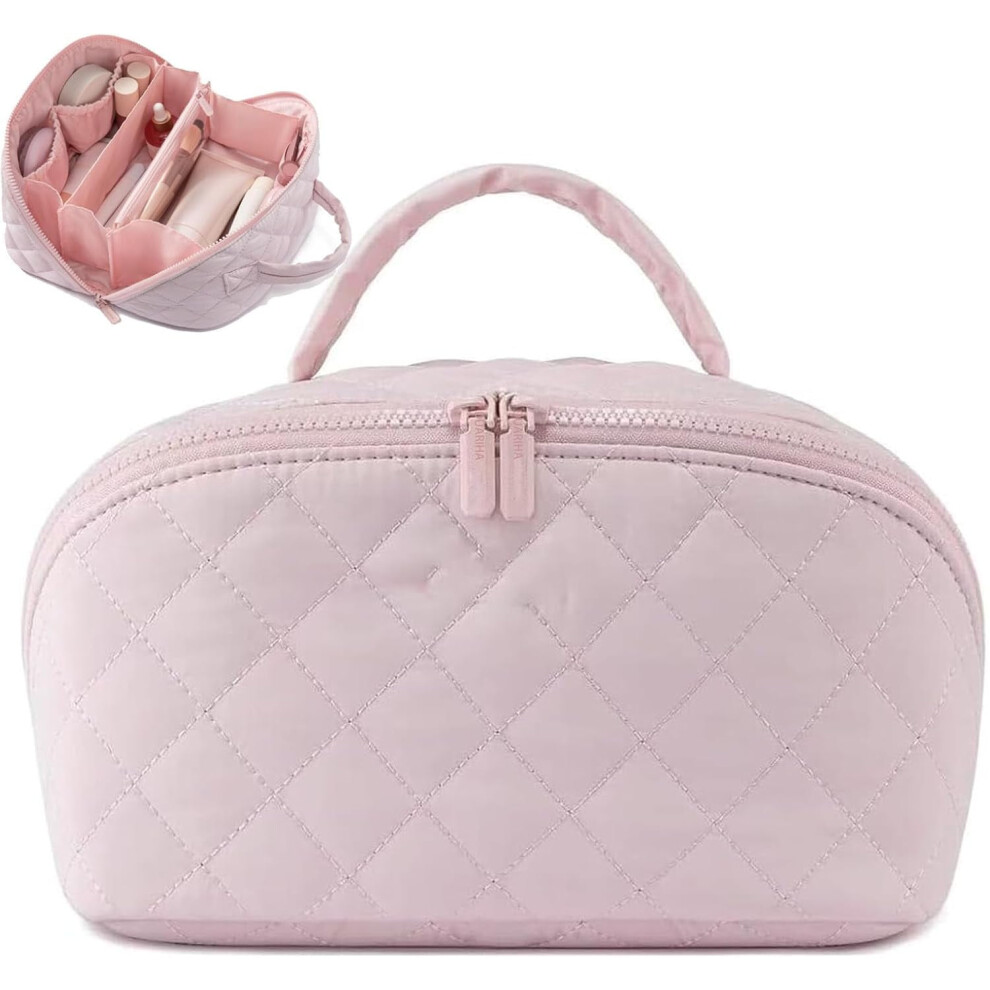 Travel Makeup Bag for Women â 180 Lay-Flat, Large Capacity, Triple-Proof Interior, Portable Puffer Toiletry Bag Compatible with Brushes