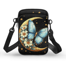 Schultertasche mit Schmetterlings- und Halbmondmotiv, Polyester, Doppelreißverschluss, ideal für Outdoor-Reisen und den täglichen Gebrauch