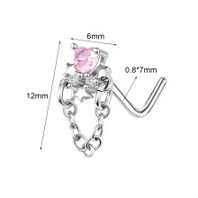 1 pieza de piercing de nariz de acero inoxidable en forma de L con corazón rosa y circonita cúbica para mujer, joyería estilo 3