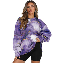 Marble Print Women Crewneck Sweatshirt, Fall Fashion Oversized Pullover Tops Long Sleeve Sweatshirt with Pocket Size M