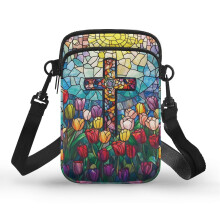 Umhängetasche aus Polyester mit verstellbarem Riemen für Reisen im Freien, dekoratives Design mit Tulpen und Kreuzen aus Buntglas.