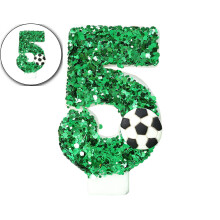 Birthday Cake Candle, White Green Soccer Number 5 Cake Topper, Sparkling Sequins Football Theme Birthday Party Decorations