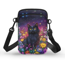 Schwarze Umhängetasche mit Katzenmotiv und Blumenmuster für Damen, doppellagig, aus Polyester, 11 x 5 x 18 cm, ideal für Outdoor-Aktivitäten,