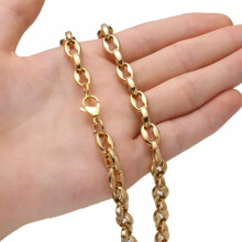 Bransoletka 6,5/7,5/10/12 mm, damska, męska, ze stali nierdzewnej, z wydrążonymi koralikami kawowymi, łańcuszek, złoty, 7,5 mm, 8,5 cala