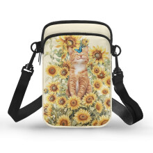 Sonnenblumen-Katze Umhängetasche für Erwachsene, Schultertasche, doppellagiges Polyester, 11 x 5 x 18 cm, für Damen und Herren, ideal für den