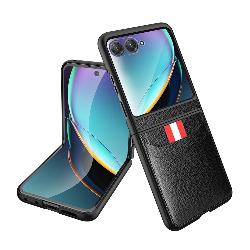 Motorola Razr 2024 Case With Built-In Screen Protector, Wallet & Card Holder, Slim Pu Leather Pc Bumper, Shockproof, Black 9341593697675