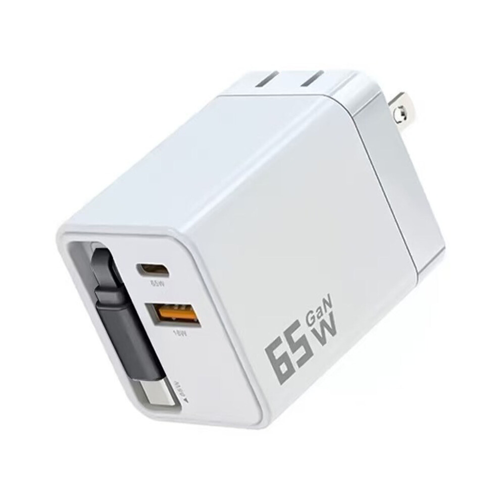 65W Fast Charger With Retractable Usb-C Cable & 2 Usb Ports, 3-In-1 For Phones/Laptops Â Compatible With Usb-C Devices White 9132278089102