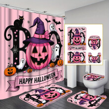 4pcs Halloween Shower Curtain Set w/ Non-Slip Rug, Toilet Mat & Lid Cover – Ghosts, Bats, Pumpkins, Witches Hats – Machine Washable, 12 Hooks