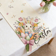 Easter Table Runner – Spring Rabbit Design, Linen Dining Table Cover for Holiday Decor, Brunch & Dinner (B)