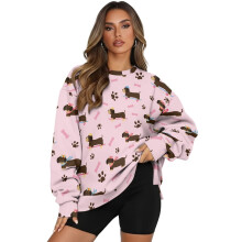 Dachshund Paw Bone Print Women Pullover Tops Oversized, Long Sleeve Crewneck Sweatshirt Casual Warm Tops Size XXXL